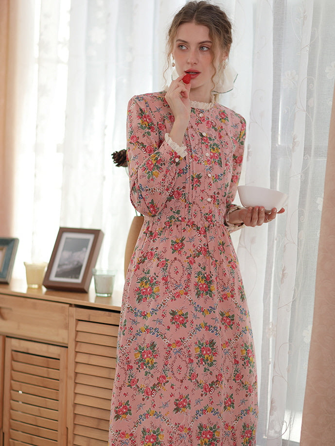 Lace Trim Vintage Floral Pink Cotton Dress