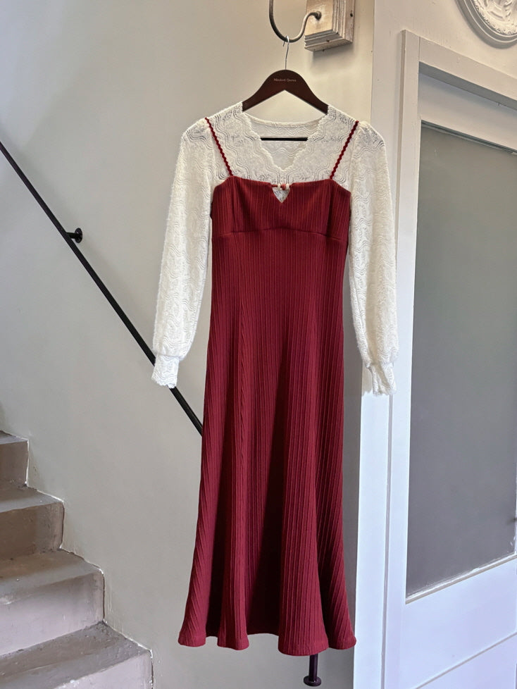 Romantic Lace Knit and Burgundy Dress