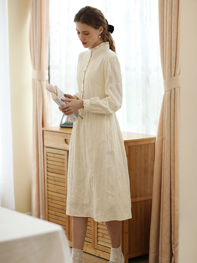 Vintage-Inspired Floral Embroidered Cotton Dress