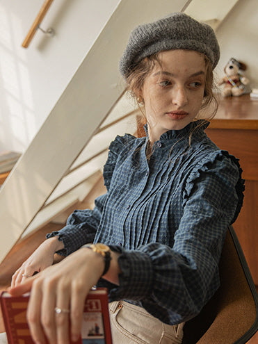 Vintage-Inspired Ruffled Plaid Blouse