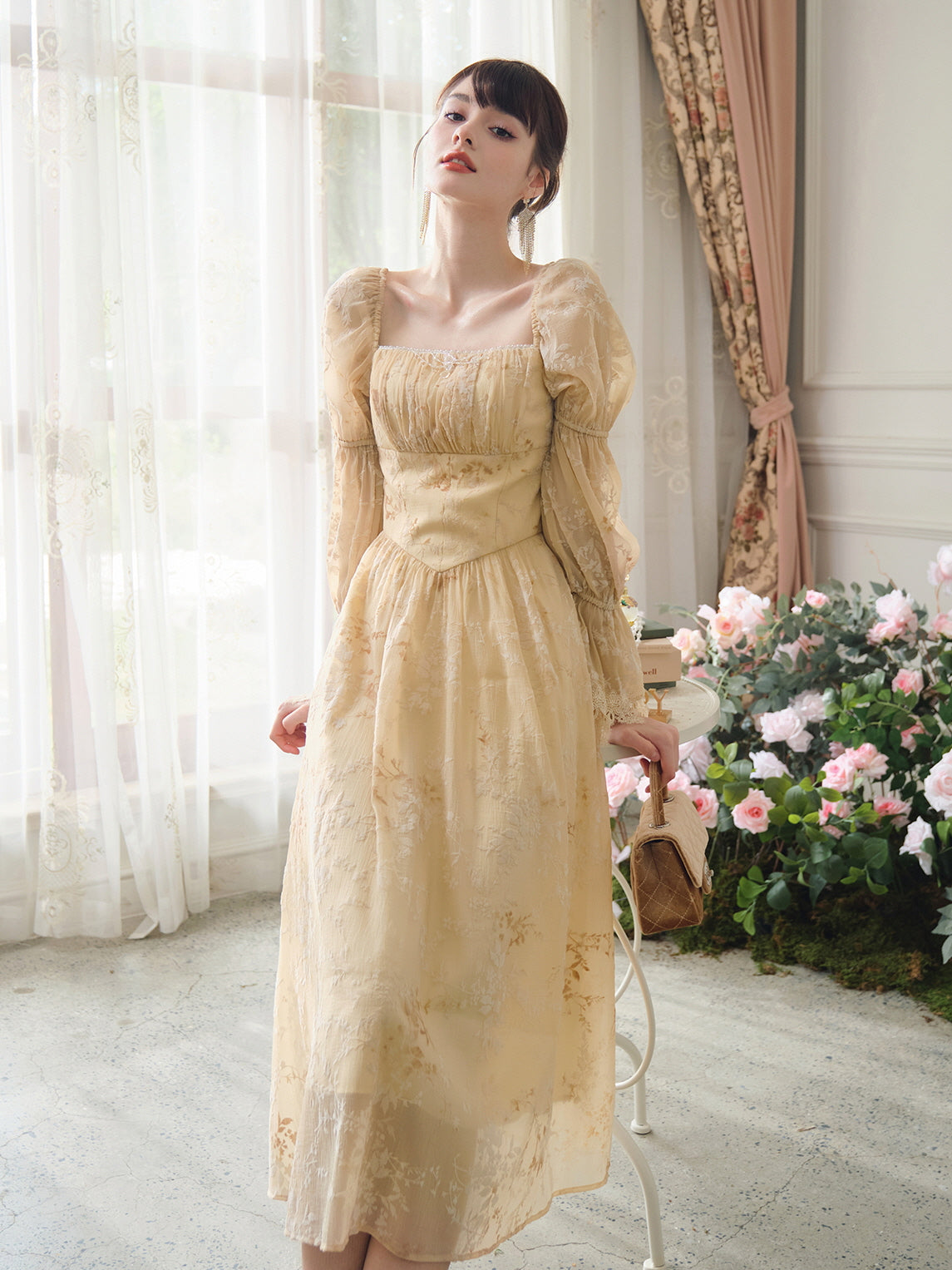 Golden Blooms Vintage-Inspired Dress Yellow / M