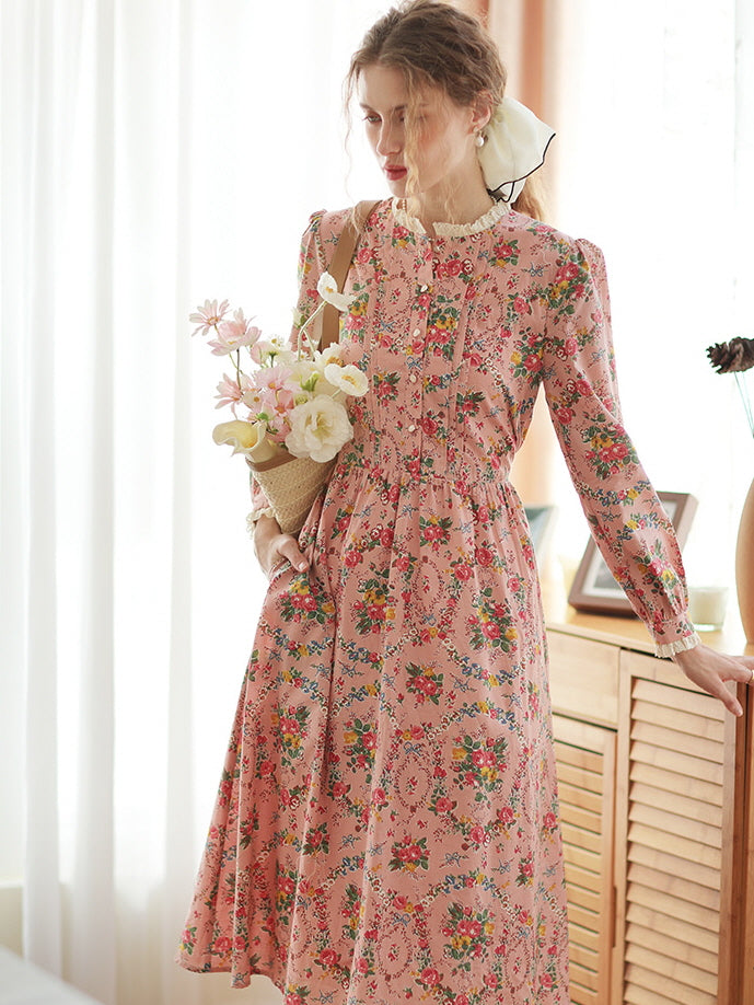 dress cotton lace Lace Trim Vintage Floral Pink Cotton Dress Pink / M