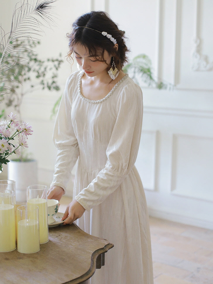 Elegant Pearl-Trimmed Ivory Long Dress