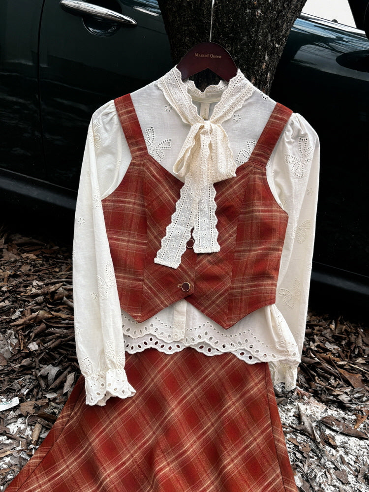 Red Vintage Plaid Cotton Skirt