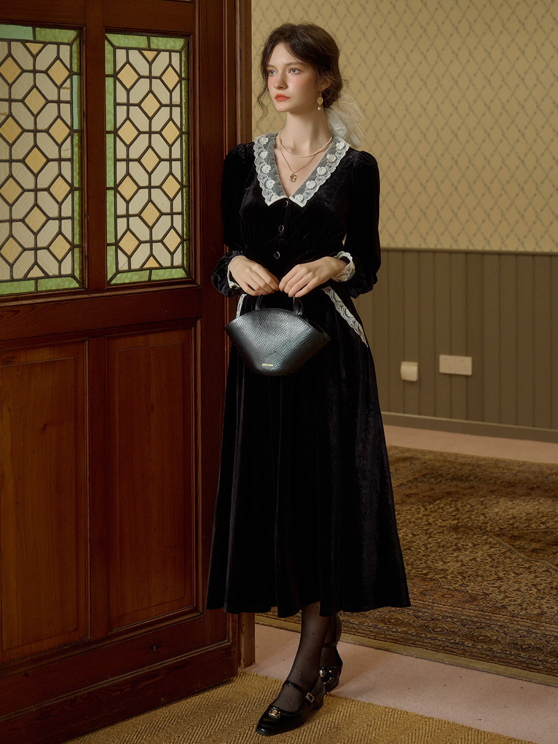 Midnight Velvet Lace-Trim Skirt