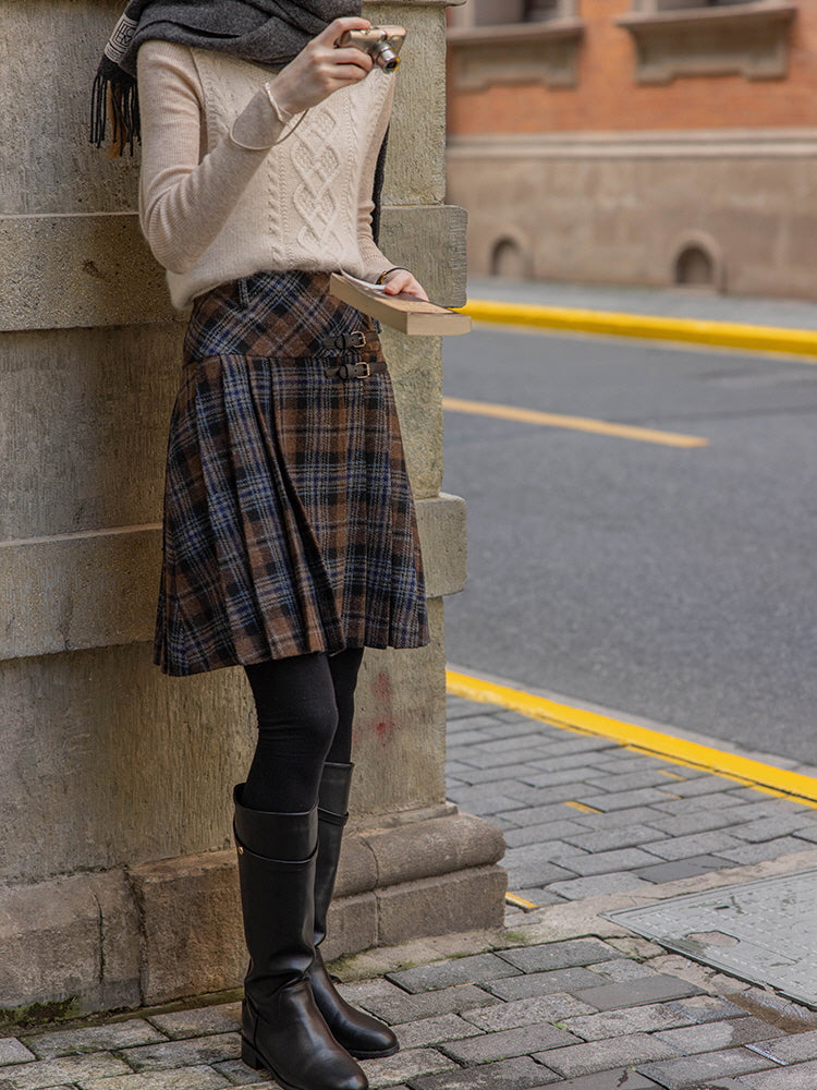 Vintage Wool Plaid Buckle Blue Checkered Skirt