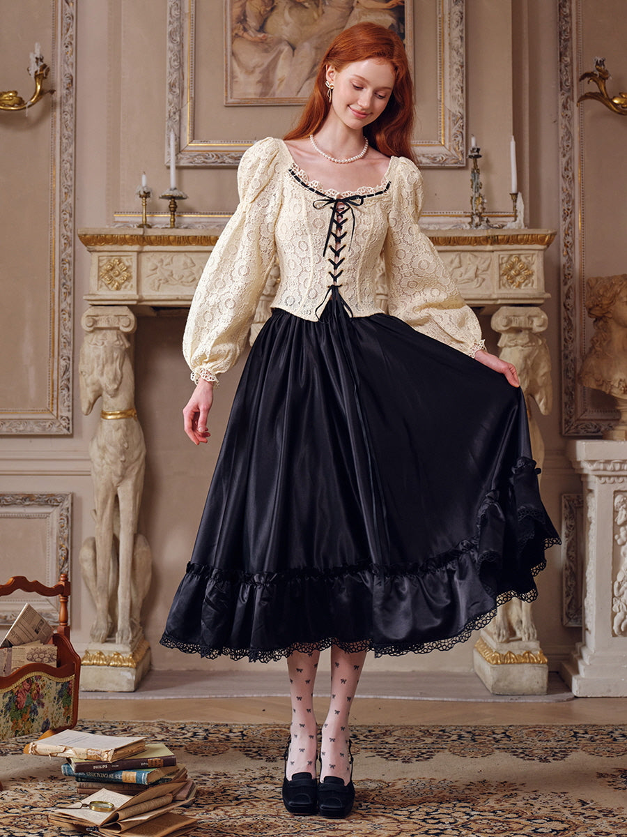Vintage Lace Puff Sleeve Corset Blouse