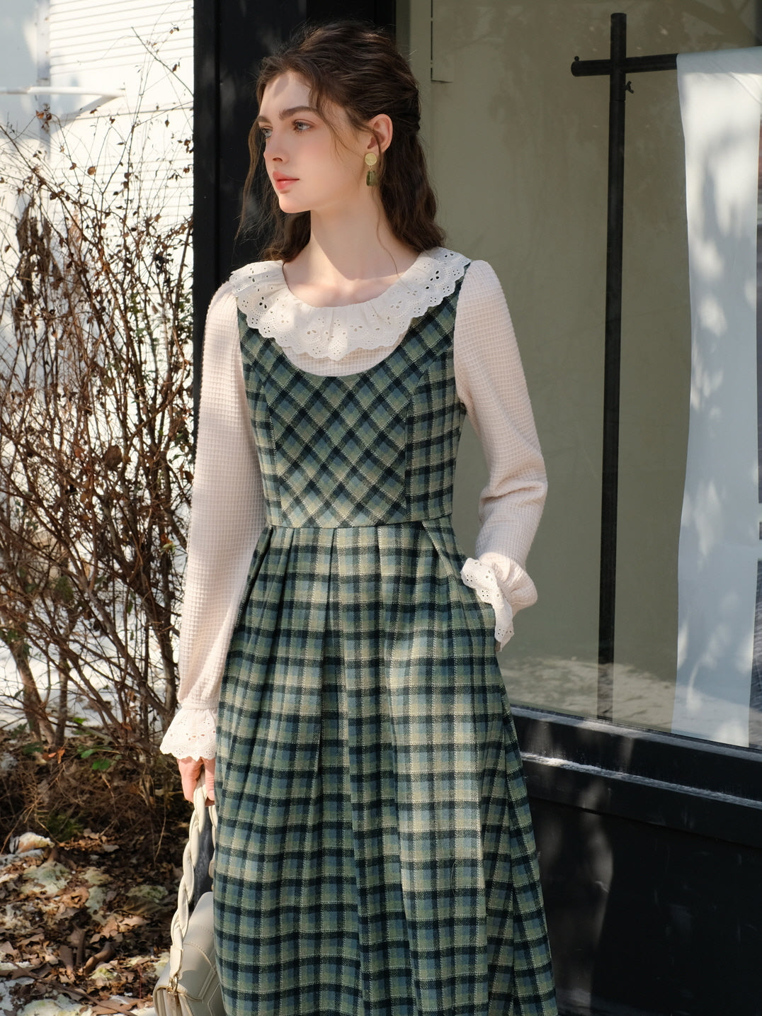 Vintage Green Plaid Wool Dress