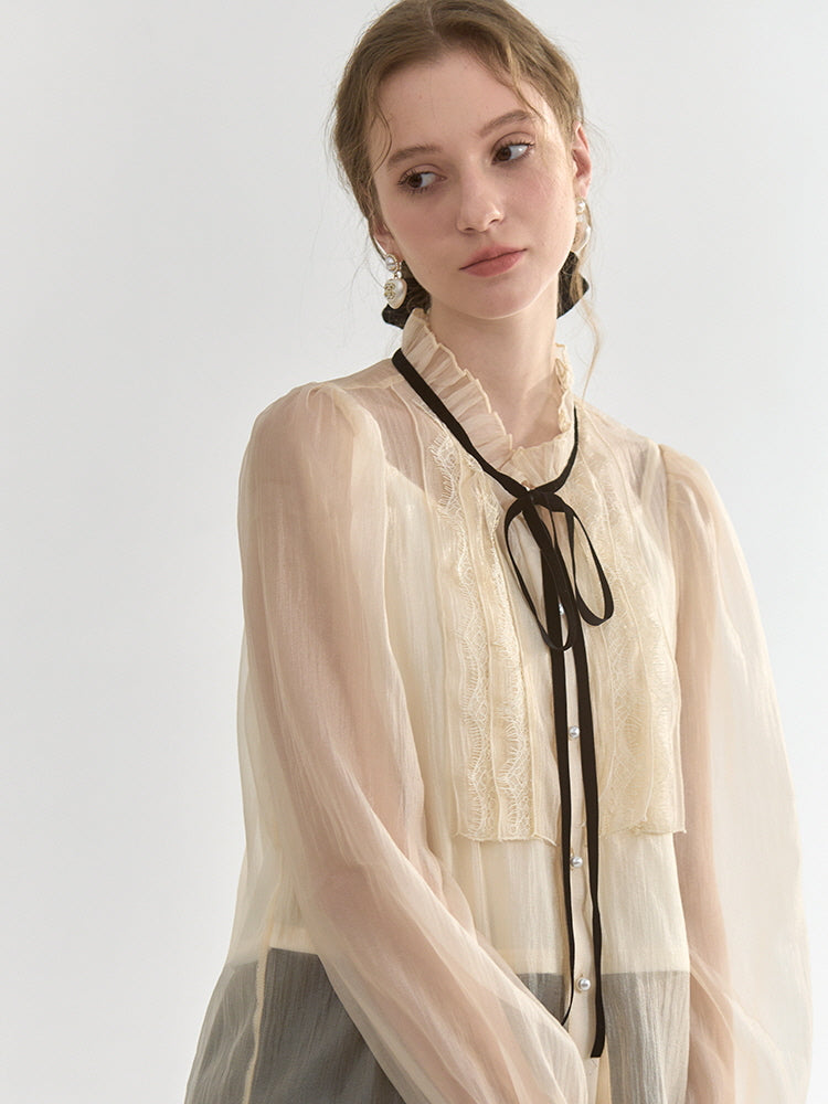 Sheer Lace-Trimmed Blouse with Ribbon Tie