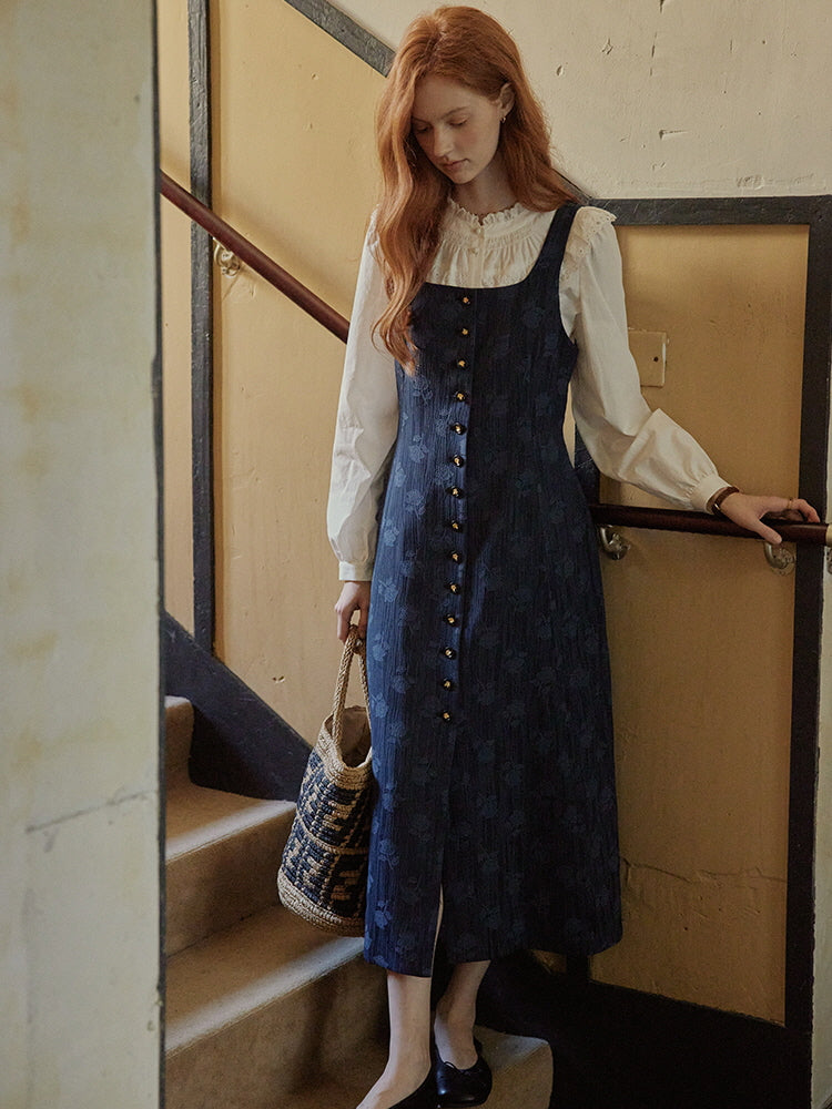 Vintage Midnight Blue Cottagecore Pinafore Dress