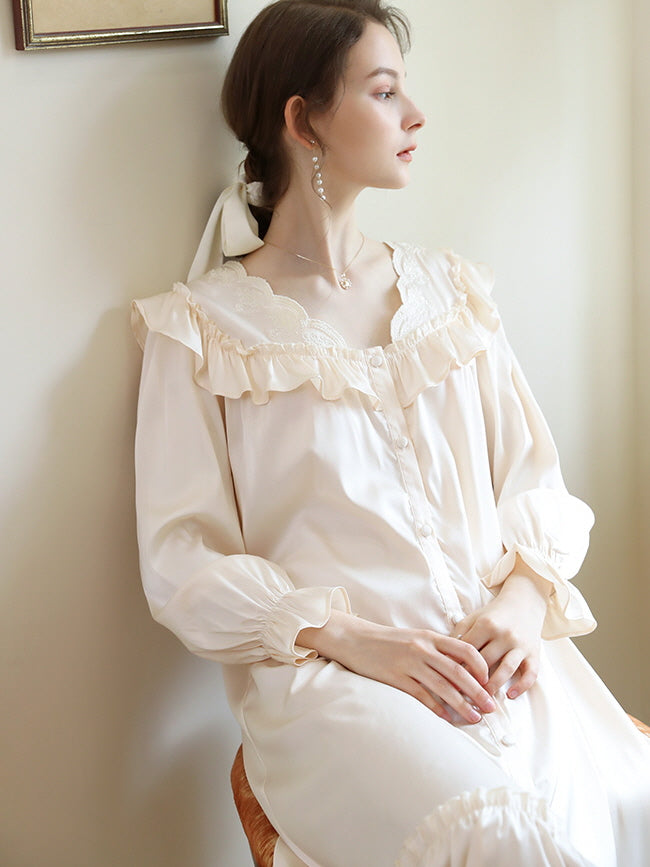 Vintage-Inspired Cream Ruffle Nightgown