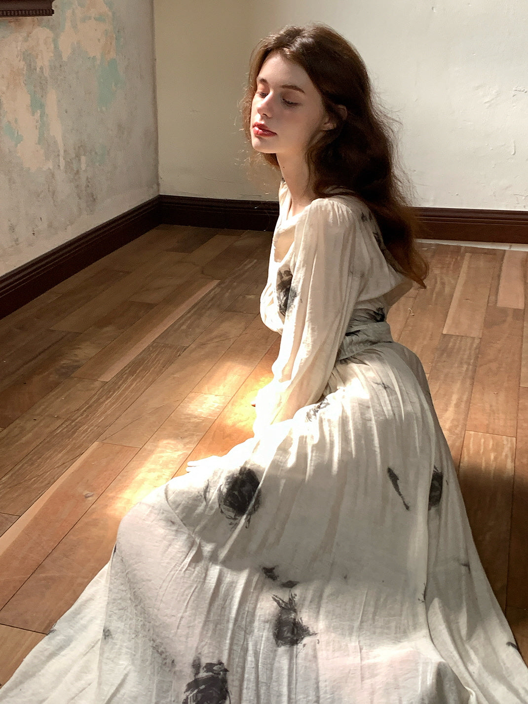 Ivory Brushstroke Print Maxi Dress