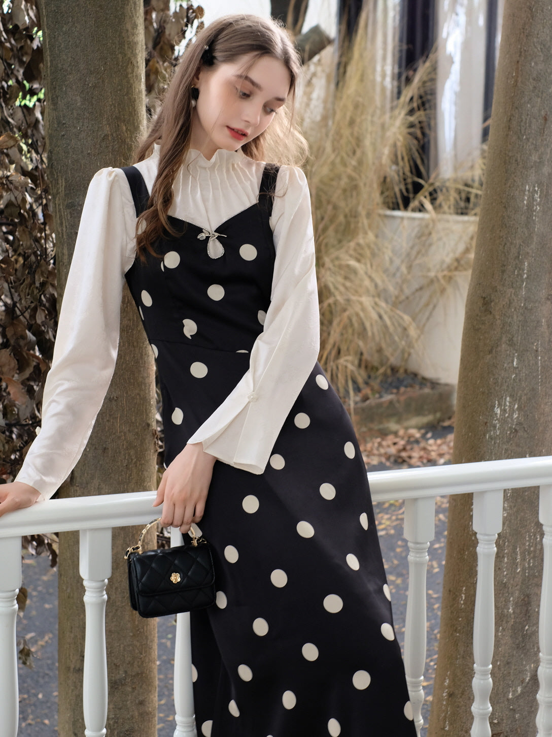 Rose Brooch Elegant Polka Dot Slip Dress