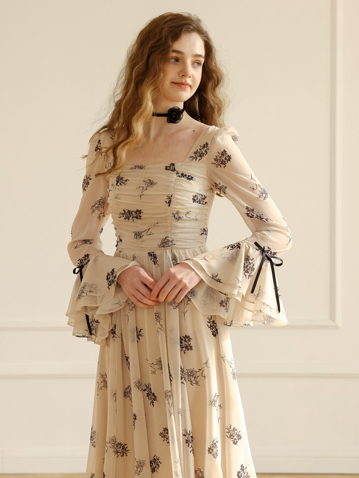 Enchanted Garden Long Beige Floral Dress Beige / M Enchanted Garden Long Beige Floral Dress Beige / M