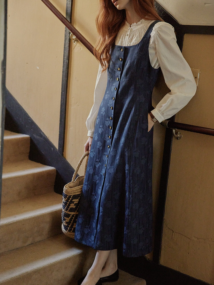 Vintage Midnight Blue Cottagecore Pinafore Dress