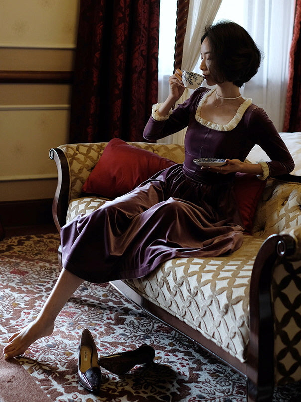 Ruffled Trim Royal Purple Velvet Vintage Dress