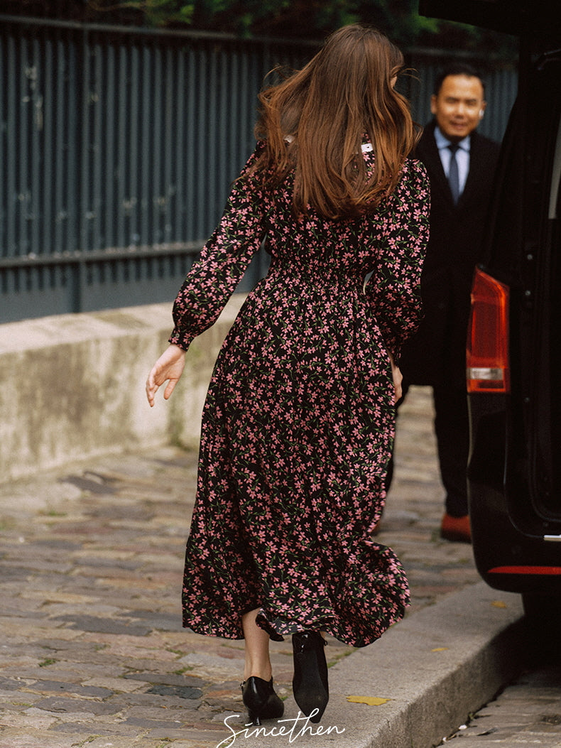 Vintage Floral Lace-Trim Long Dress