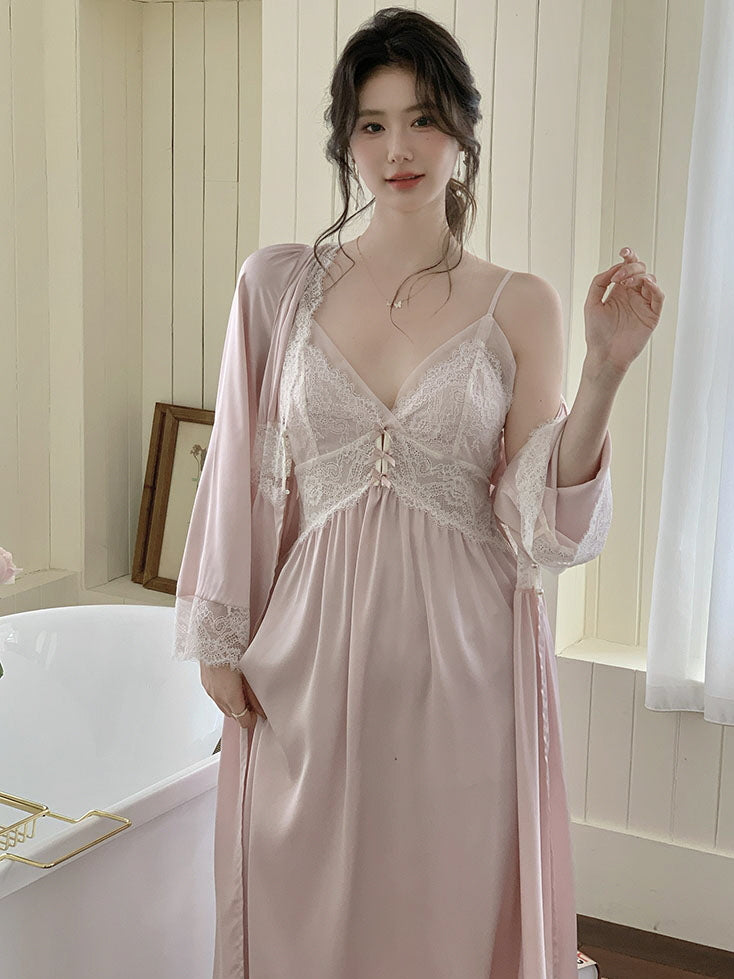 Blush Lace Trim Nightgown & Robe Set