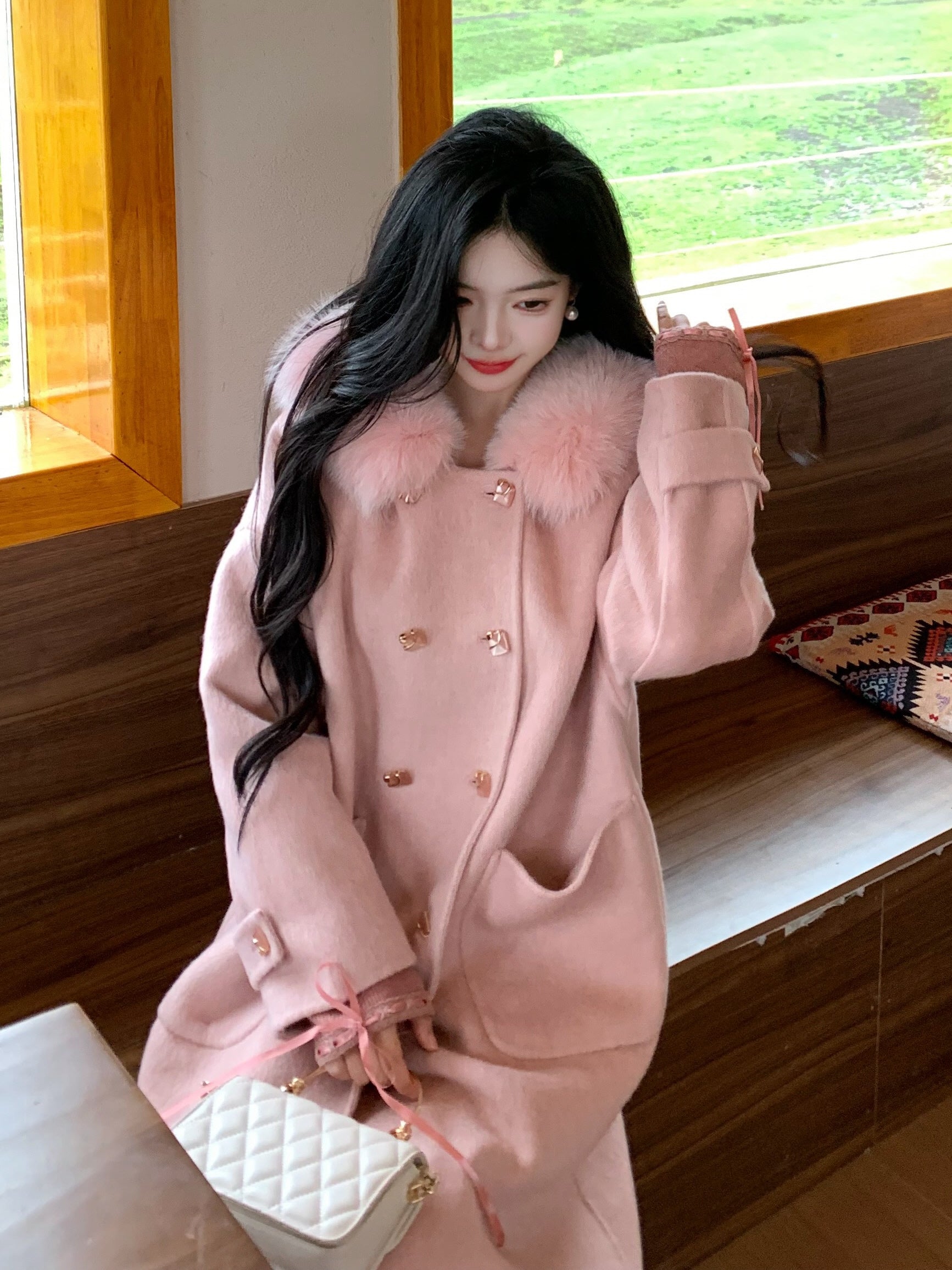 Fur Collar Wool Double-Breasted Coat