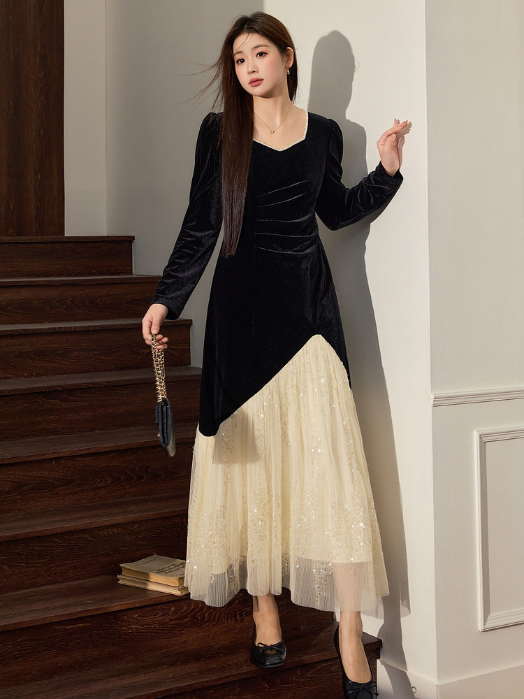 Ethereal Velvet Pearl-Collar Dress Black / L