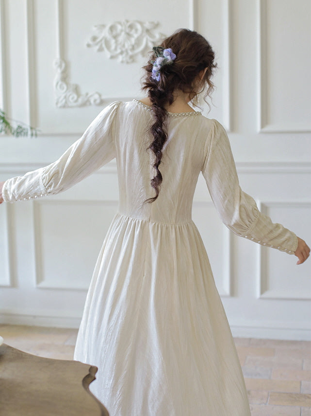 Elegant Pearl-Trimmed Ivory Long Dress