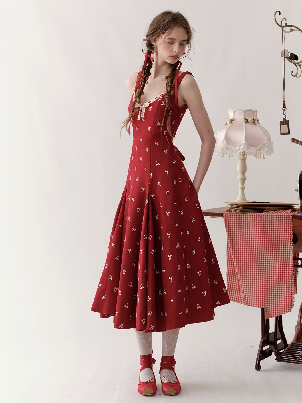 Vintage Red Bow Print Dress