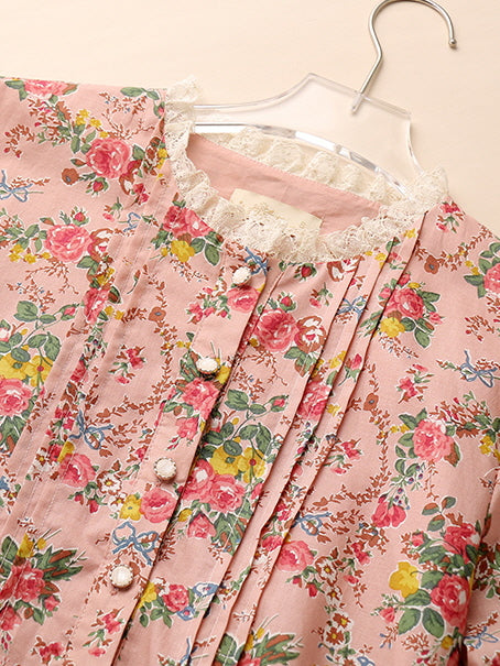 Lace Trim Vintage Floral Pink Cotton Dress