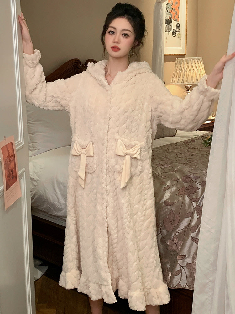 Cozy Winter Velvet Bow Hooded Robe
