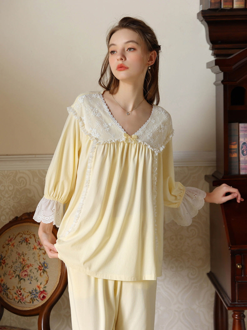 Floral Lace Trim Cotton Pajama Set