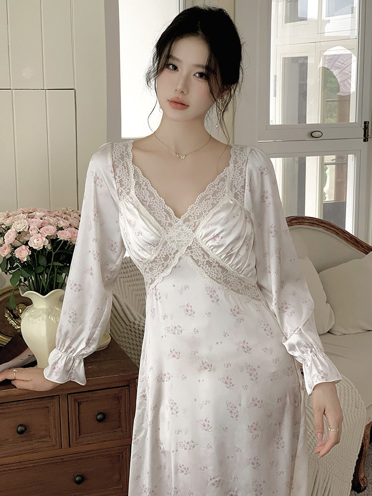 Delicate Floral Lace-Trim Nightgown