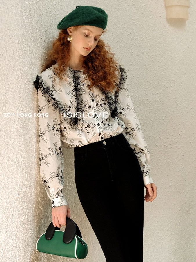Ruffled Floral Embroidered Blouse