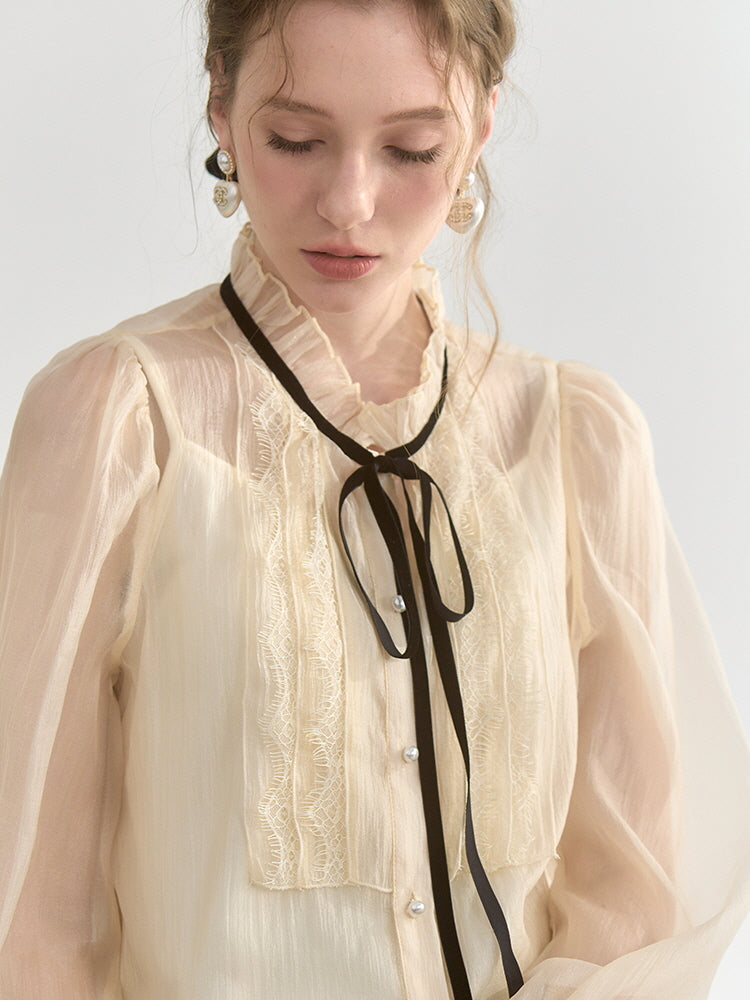 Sheer Lace-Trimmed Blouse with Ribbon Tie
