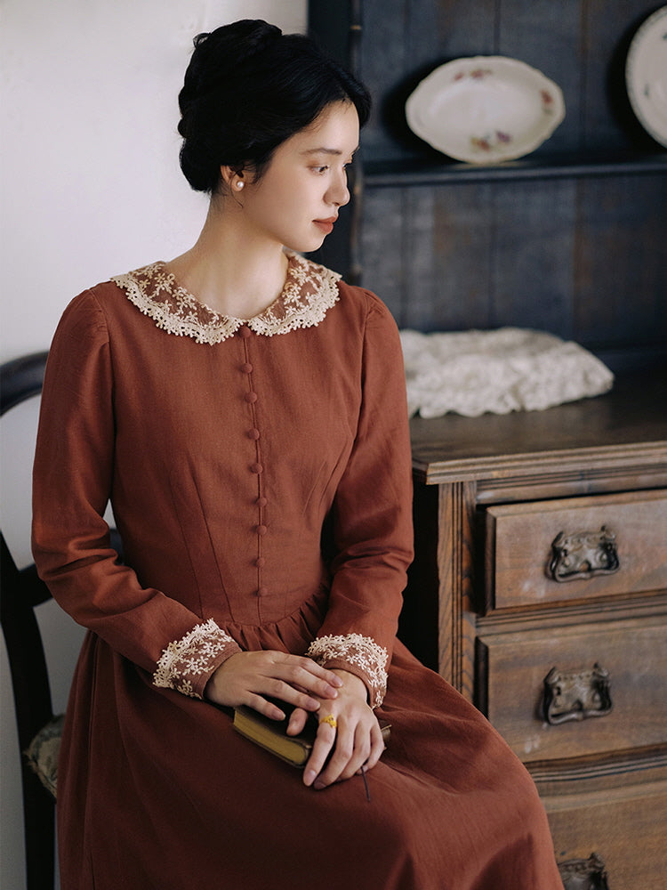 Autumn Rust Vintage Lace Collar Dress