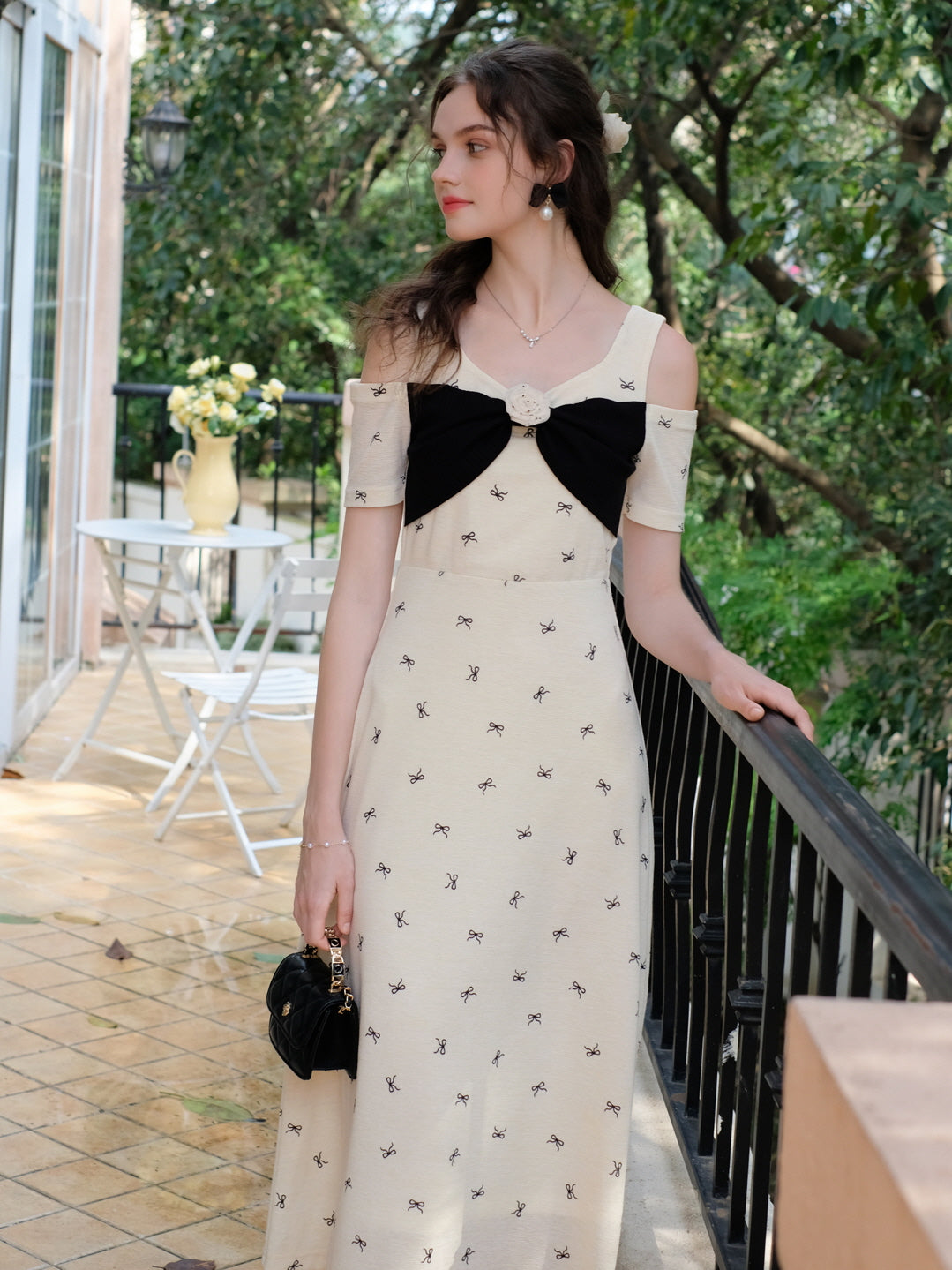 Bow Embellished Off-Shoulder A-Line Dress