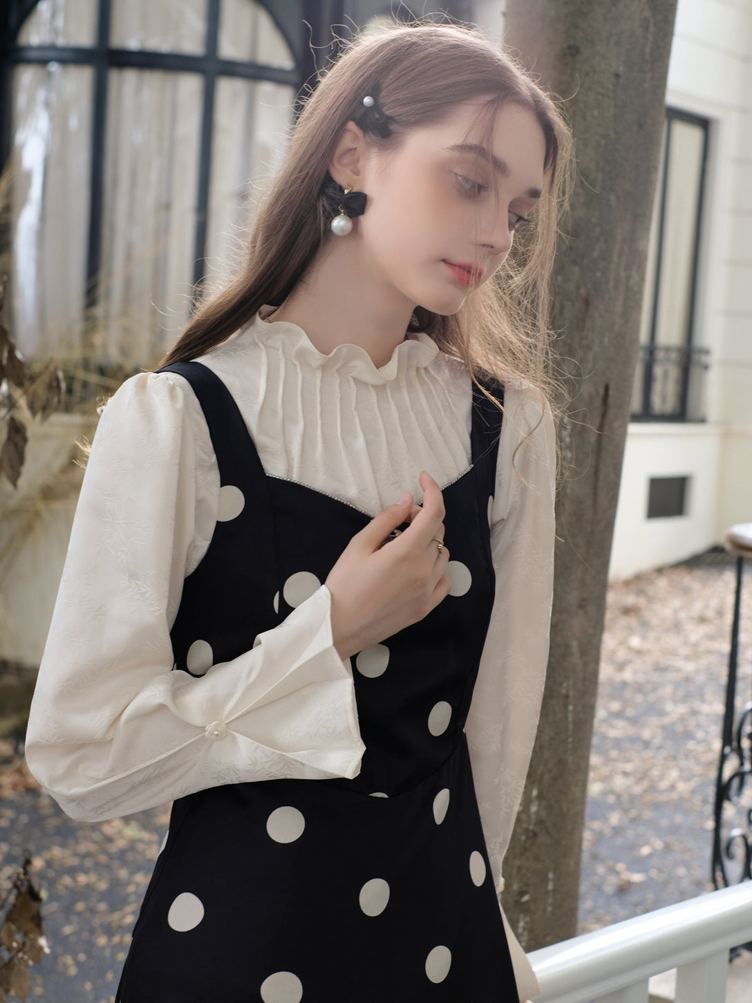 Rose Brooch Elegant Polka Dot Slip Dress