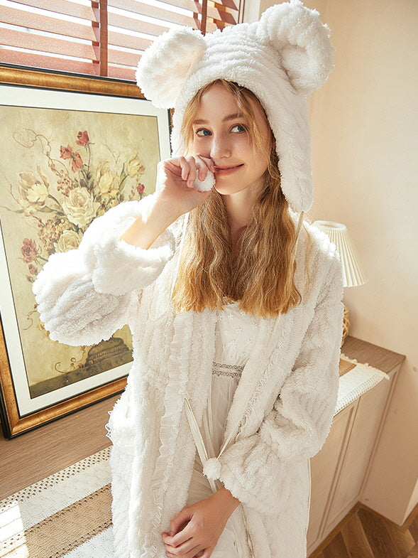 Cozy Bear Ears White Robe Set