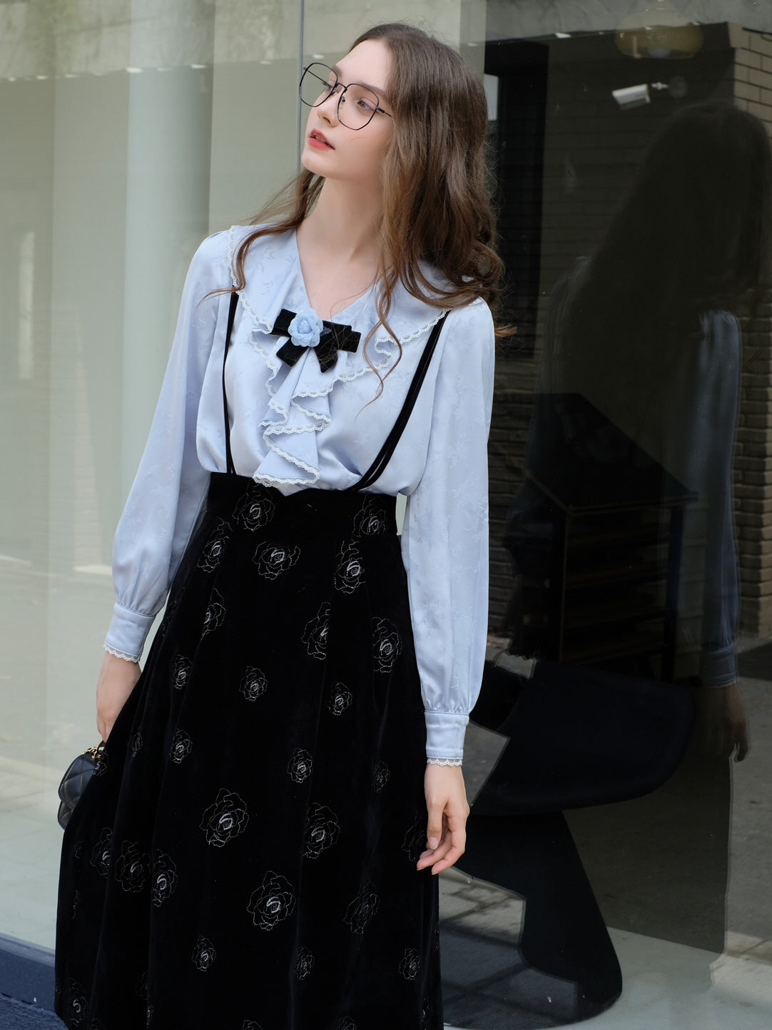 Rose Brooch Ruffled Jacquard Satin Blouse