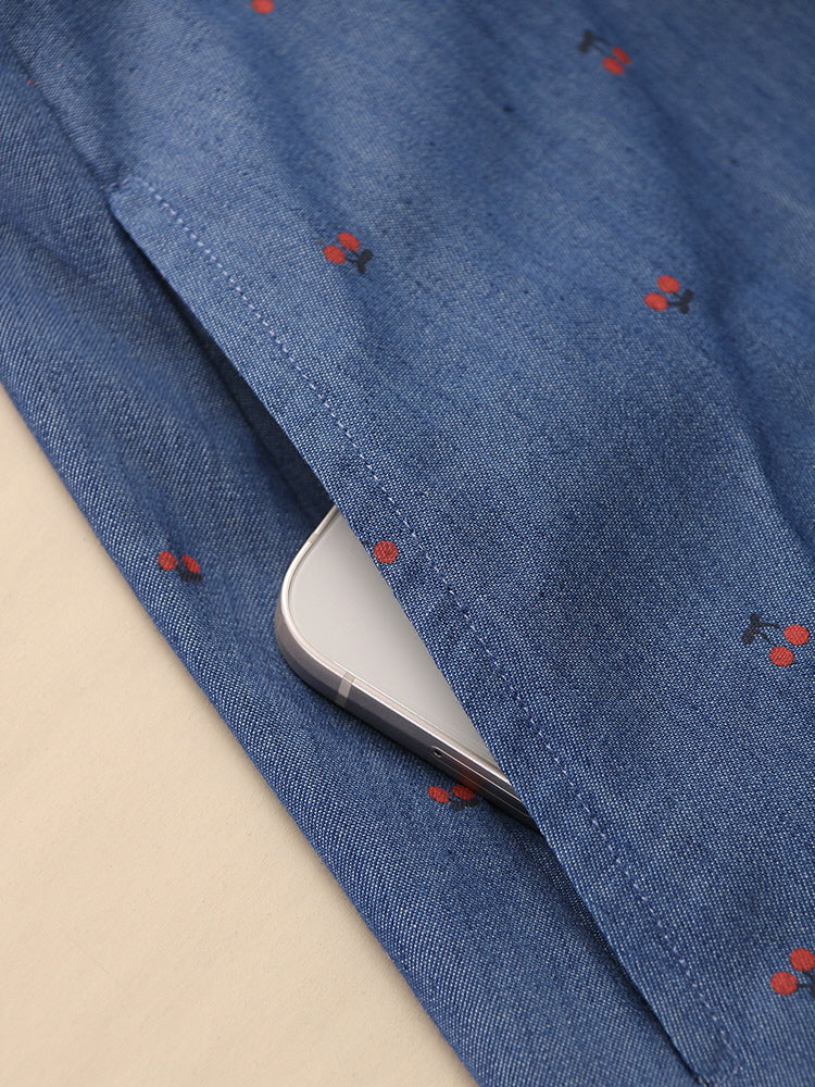 Cherry Embroidered Blue Cotton Dress