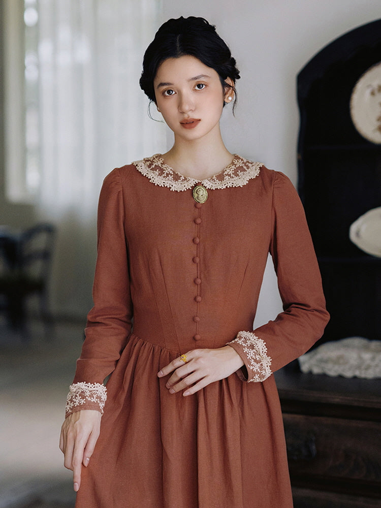 Autumn Rust Vintage Lace Collar Dress