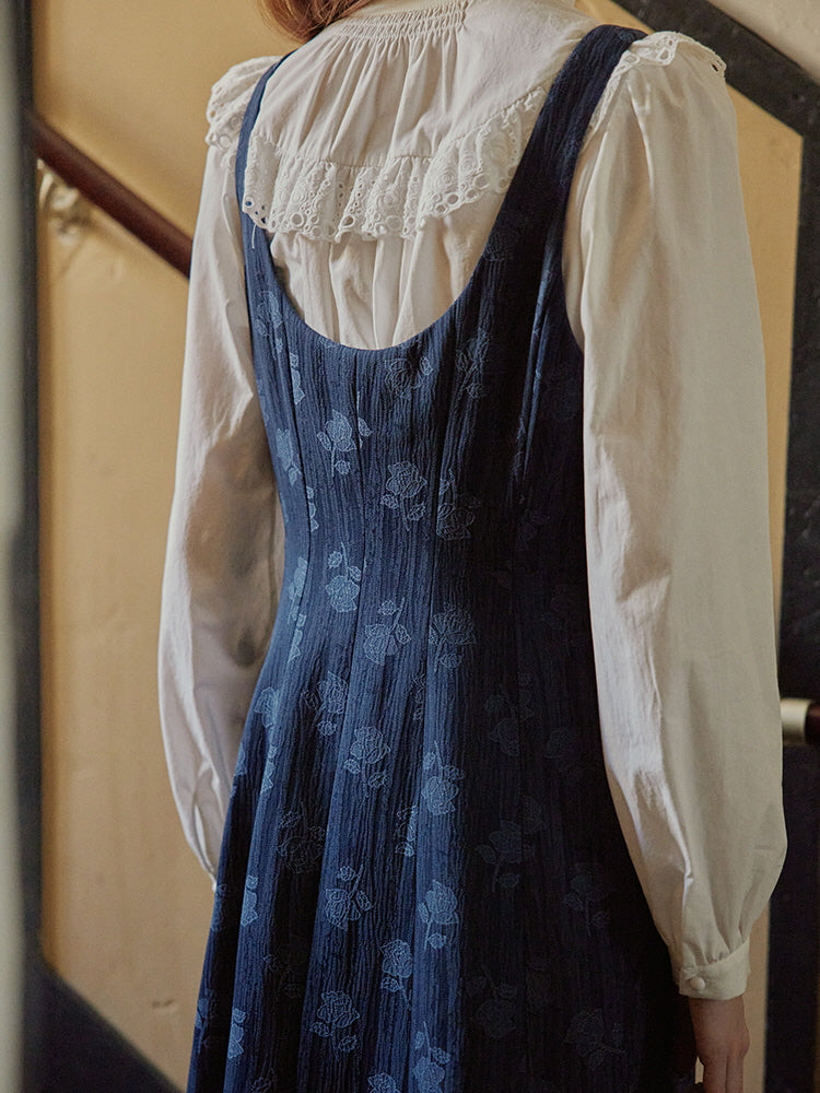 Vintage Midnight Blue Cottagecore Pinafore Dress