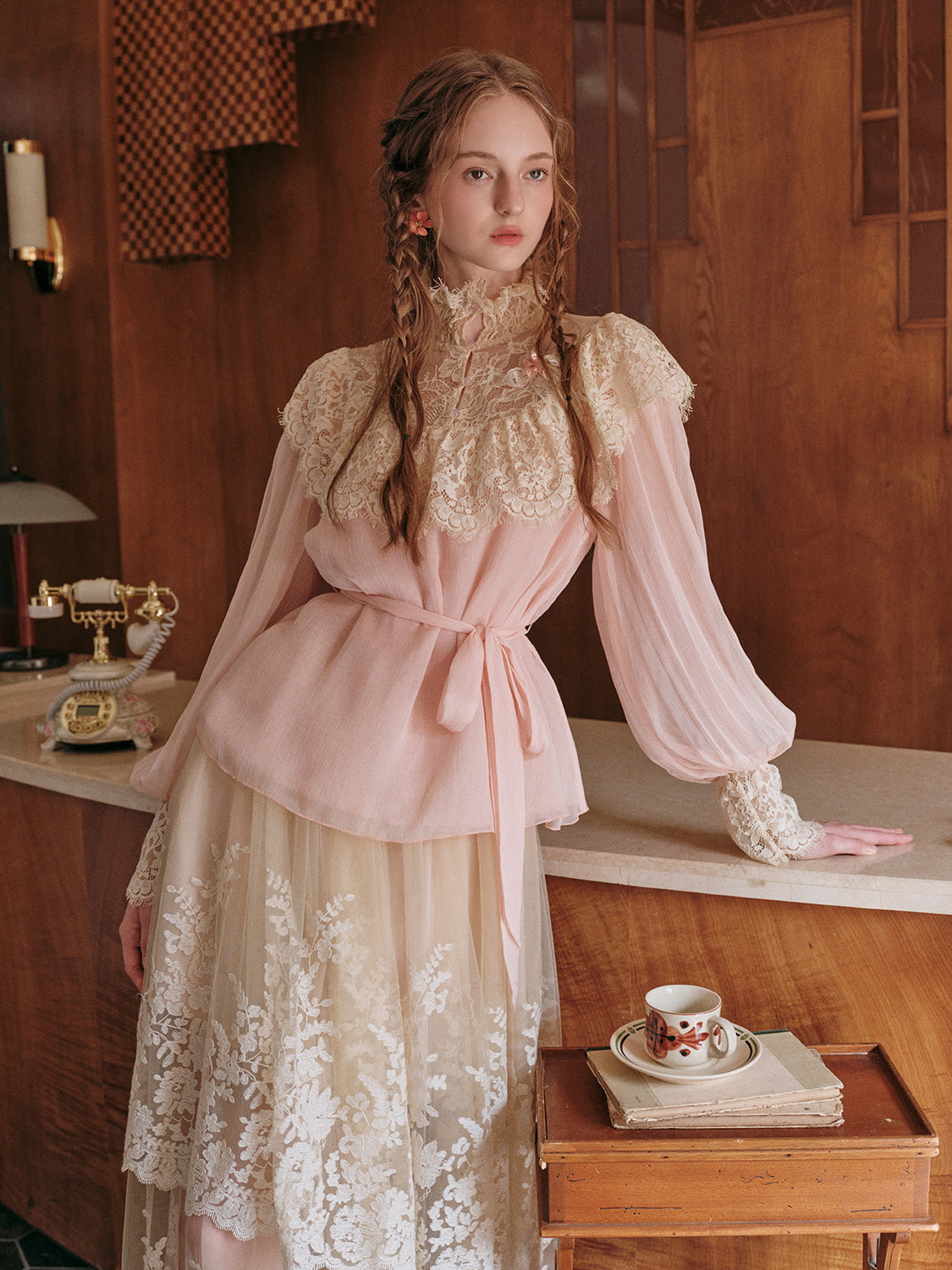 Vintage Lace Embellished Blush Pink Blouse