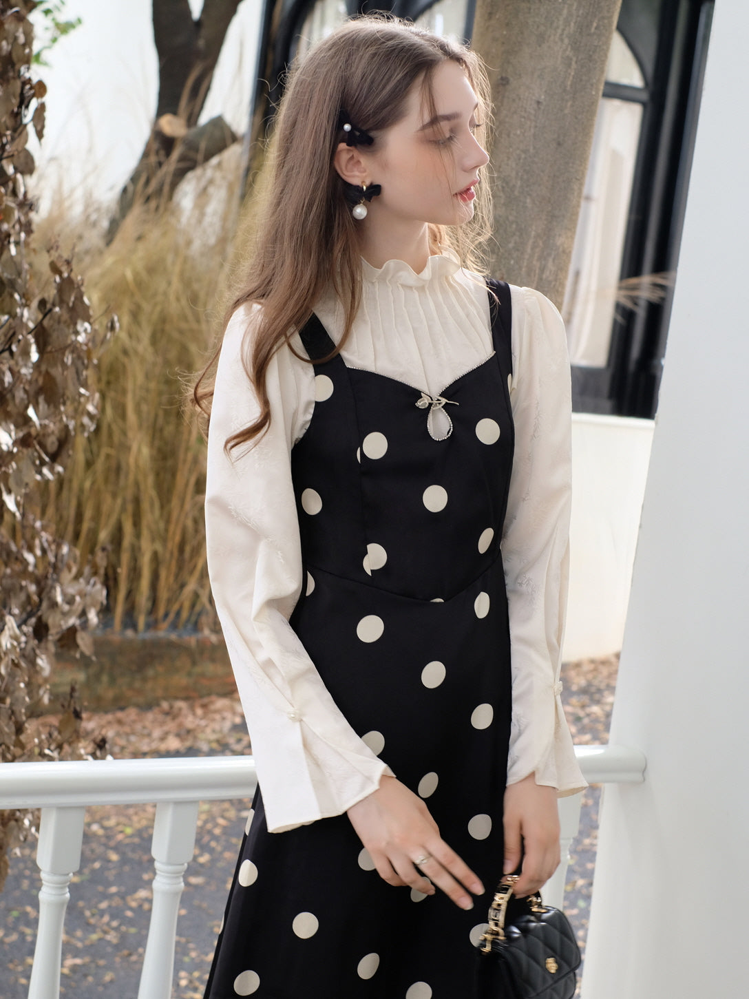 Rose Brooch Elegant Polka Dot Slip Dress