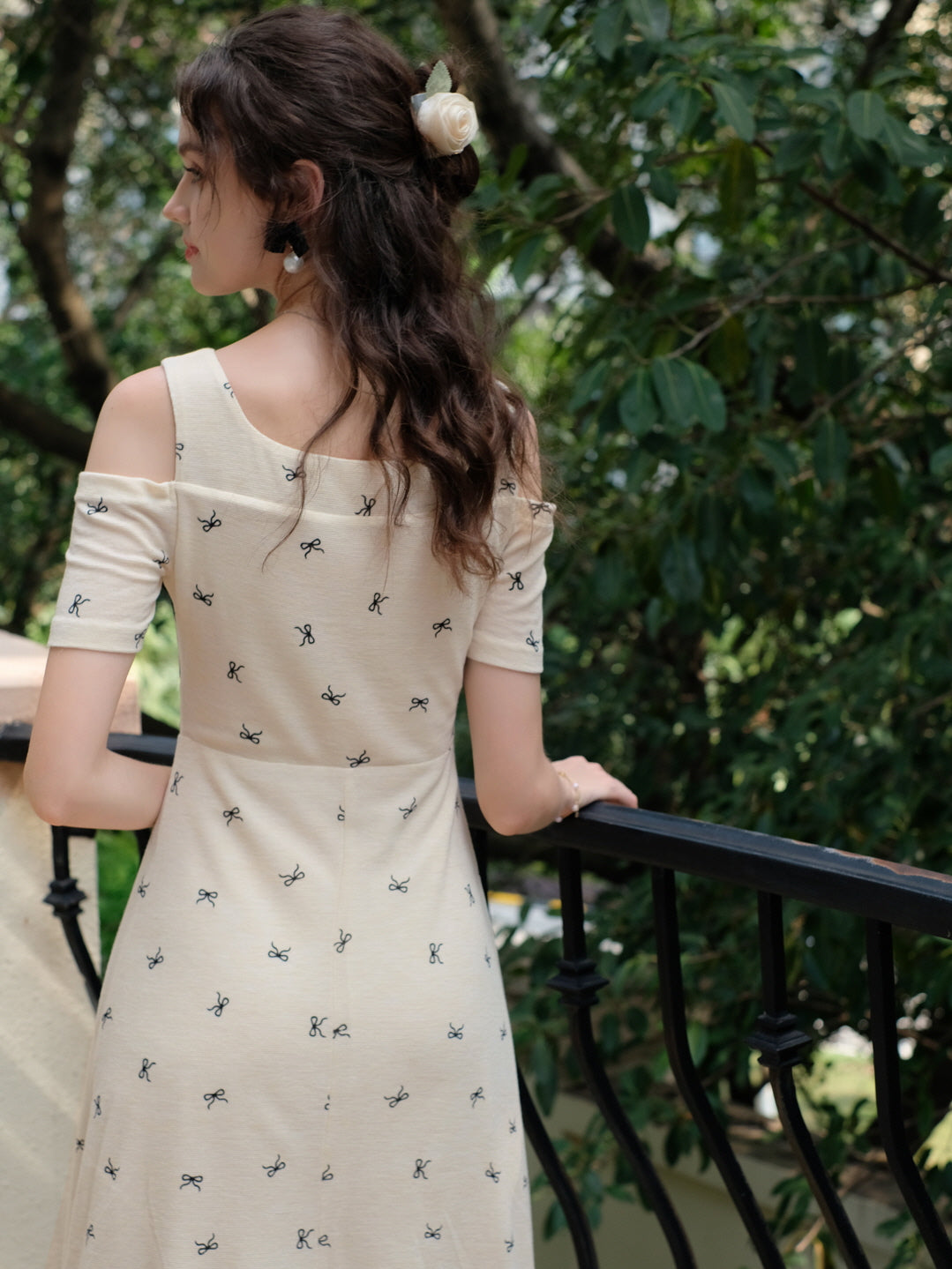 Bow Embellished Off-Shoulder A-Line Dress