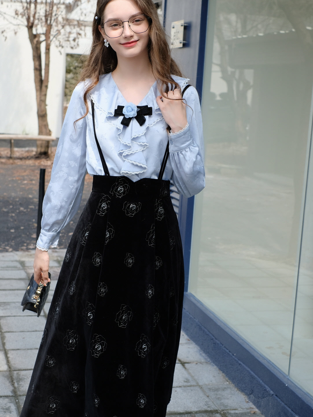 Rose Brooch Ruffled Jacquard Satin Blouse