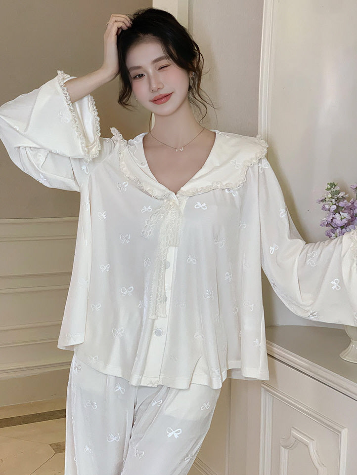 Whimsical Bow Lace Trim Loungewear Set