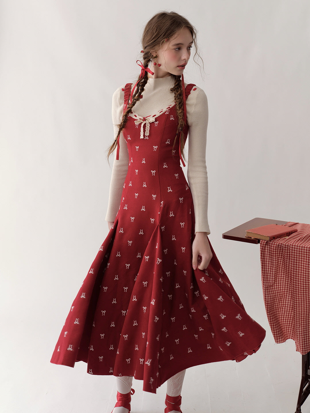 Vintage Red Bow Print Dress