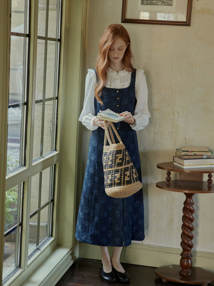 Vintage Midnight Blue Cottagecore Pinafore Dress