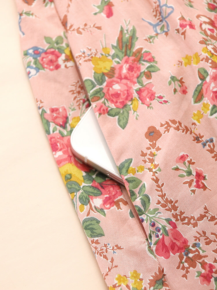 Lace Trim Vintage Floral Pink Cotton Dress