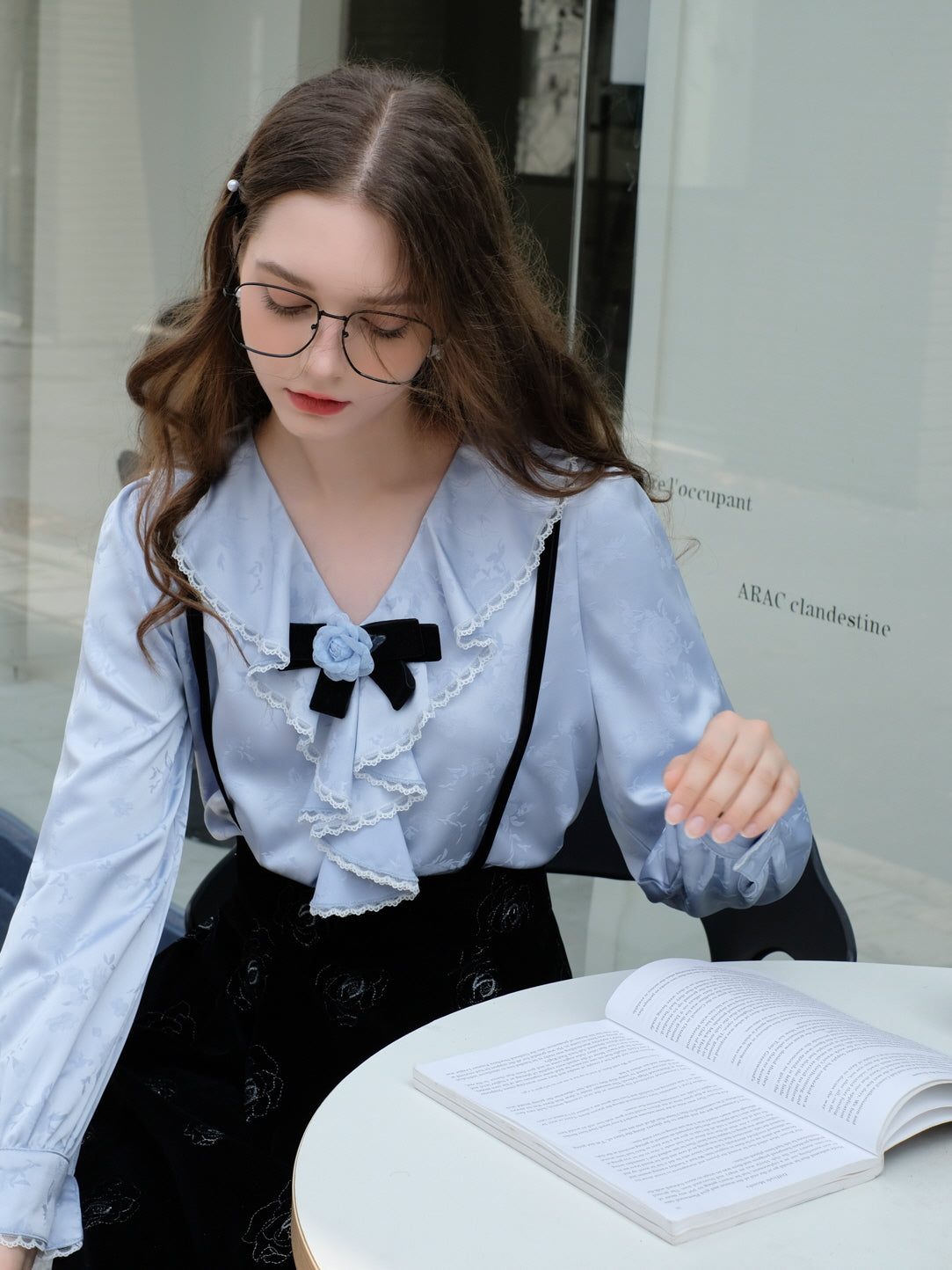 Rose Brooch Ruffled Jacquard Satin Blouse