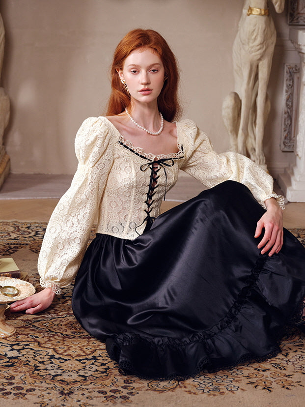 Vintage Lace Puff Sleeve Corset Blouse